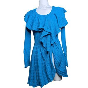 Anthro Leifnotes Ridged Ruffles sweater turquoise blue XS